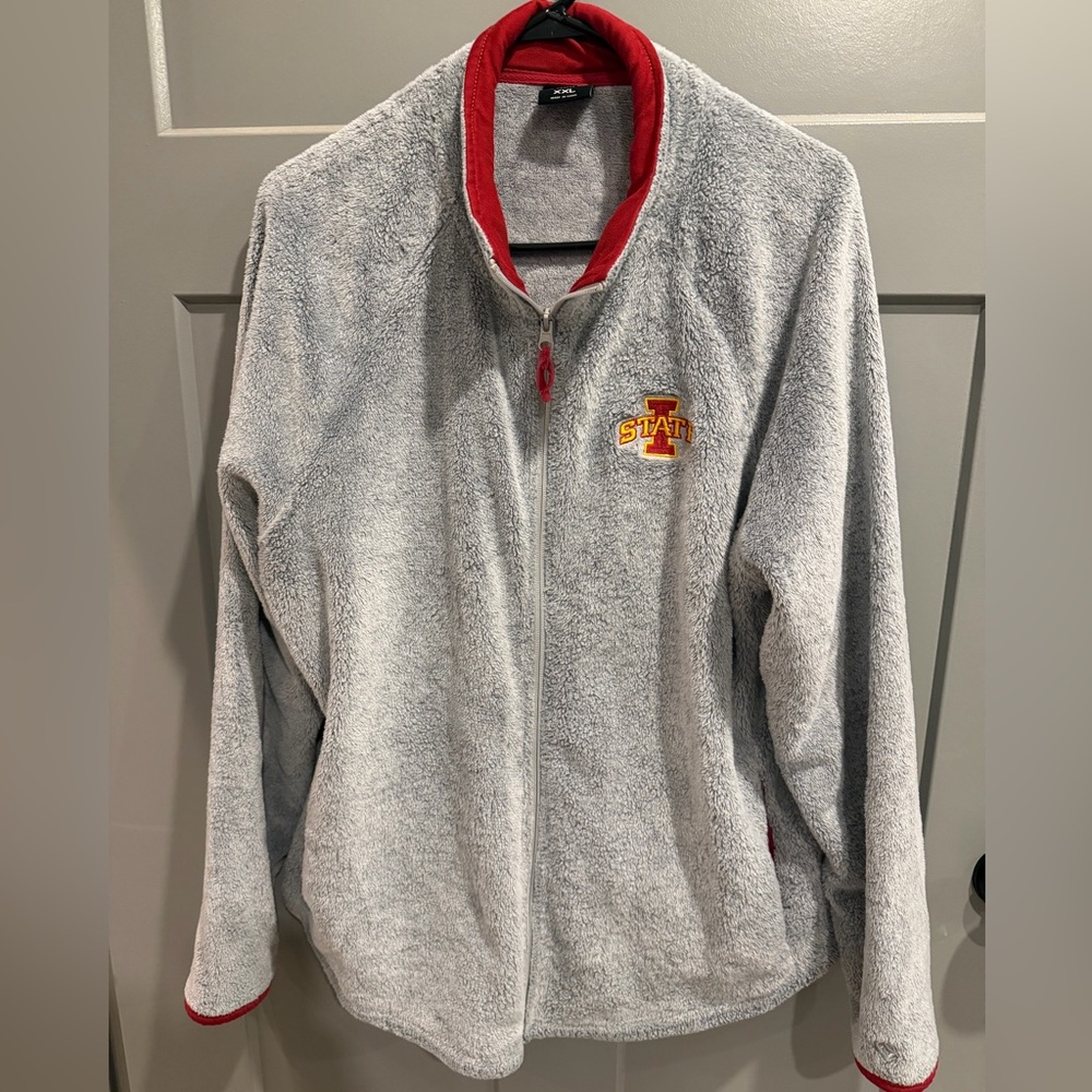 Gray and Red Zip-Up Jacket with Logo